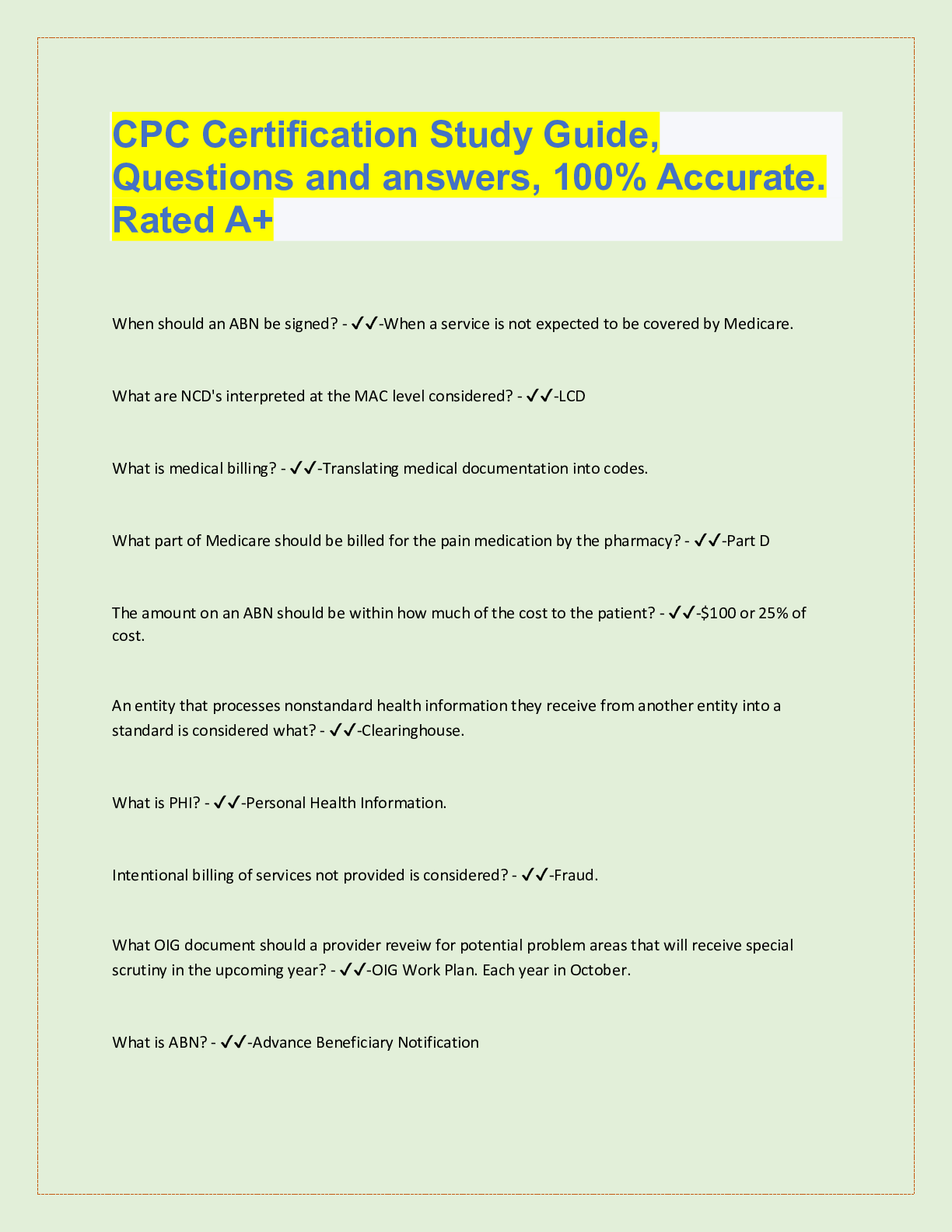 CPC Certification Study Guide Questions And Answers With Complete Top